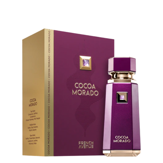 Cocoa Morado perfume bottle and packaging on a white background