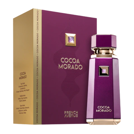 Cocoa Morado perfume bottle and packaging on a white background