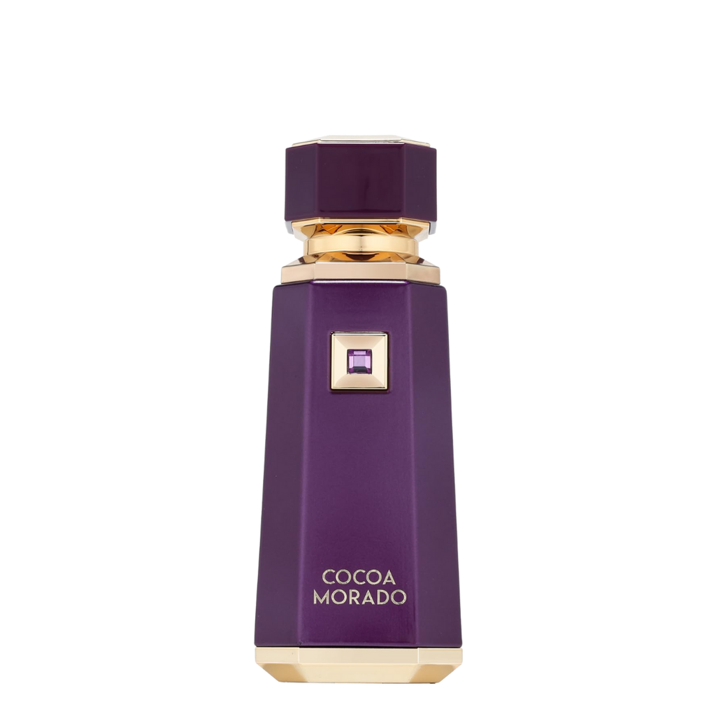 Purple perfume bottle with gold accents on a white background