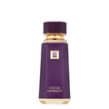 Purple perfume bottle with gold accents on a white background