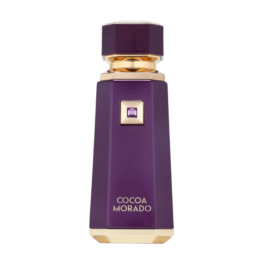 Purple perfume bottle with gold accents on a white background