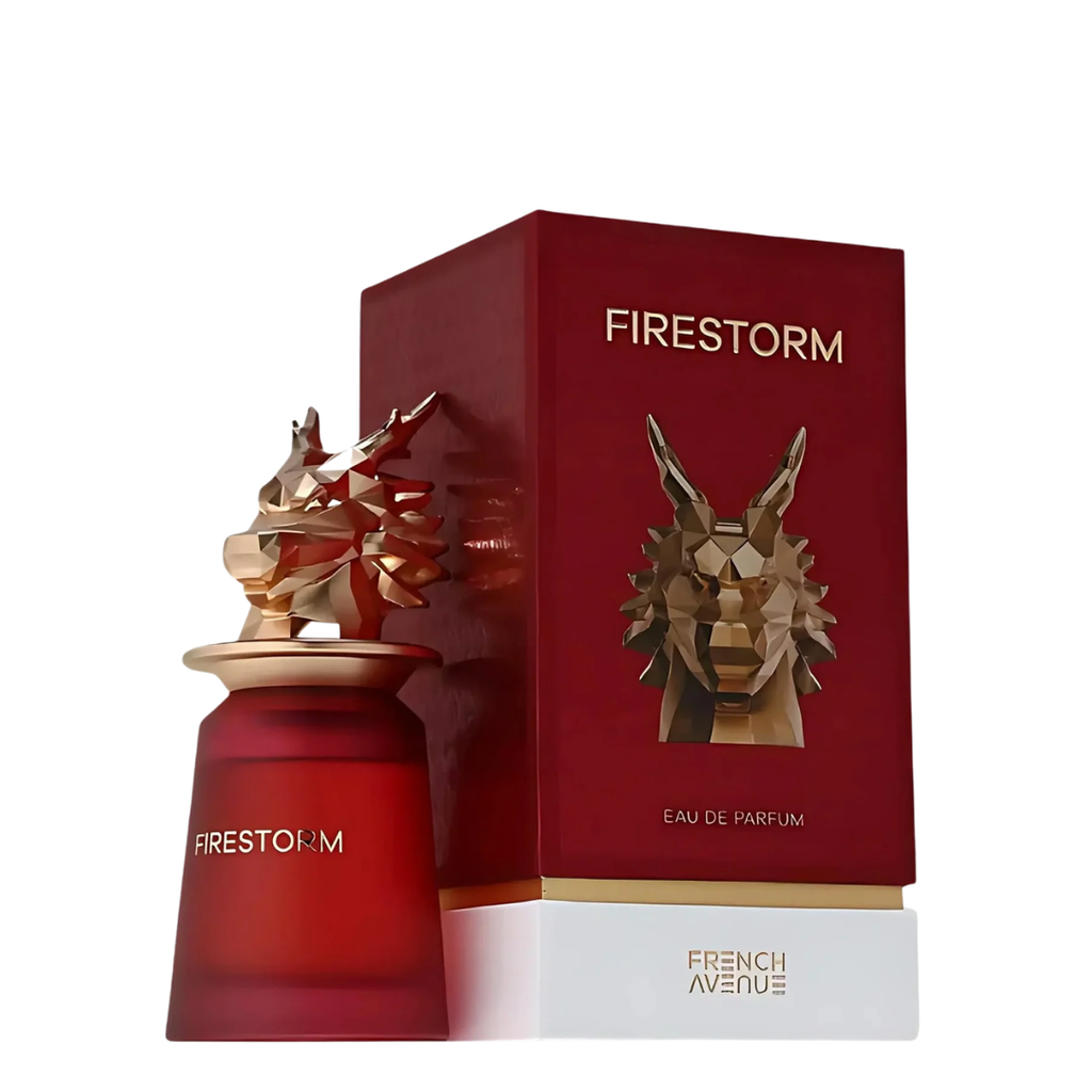 Firestorm perfume bottle and packaging on a white background. 
