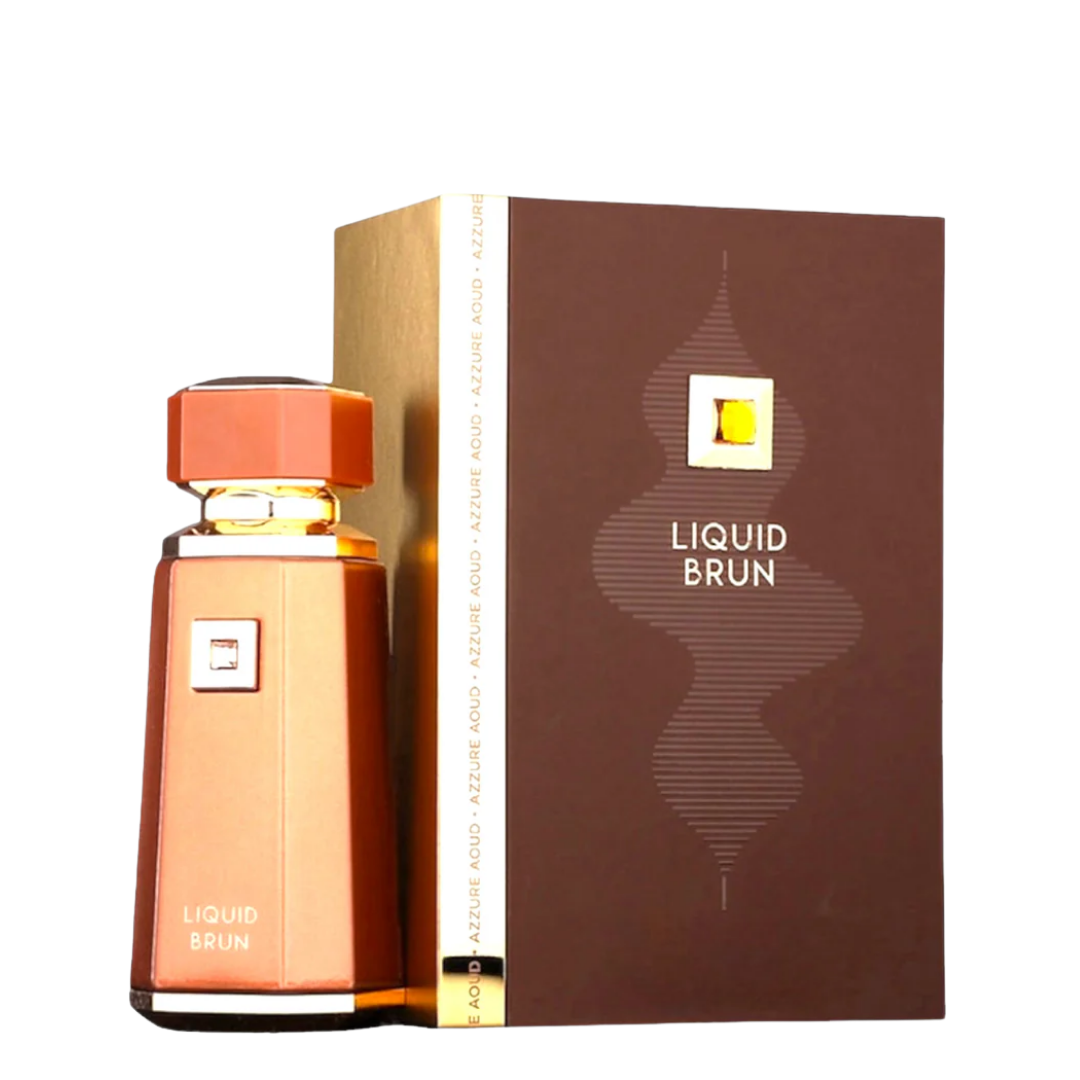 Perfume bottle and packaging of 'Liquid Brun' on a white background