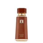 A bottle of Liquid Brun perfume with a brown tint and a gold cap, labeled with the product name.