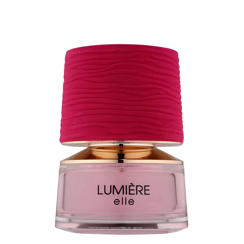 A bottle of Lumiere Elle perfume with a pink label and a red cap