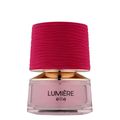 A bottle of Lumiere Elle perfume with a pink label and a red cap