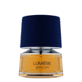 A bottle of Lumiere Garcon perfume with a blue cap and amber-colored liquid visible through the transparent bottle.