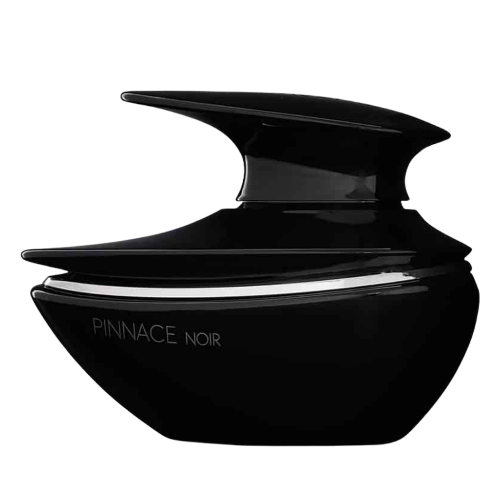 A black perfume bottle with a modern design, labeled 'Pinnacle Noir'.