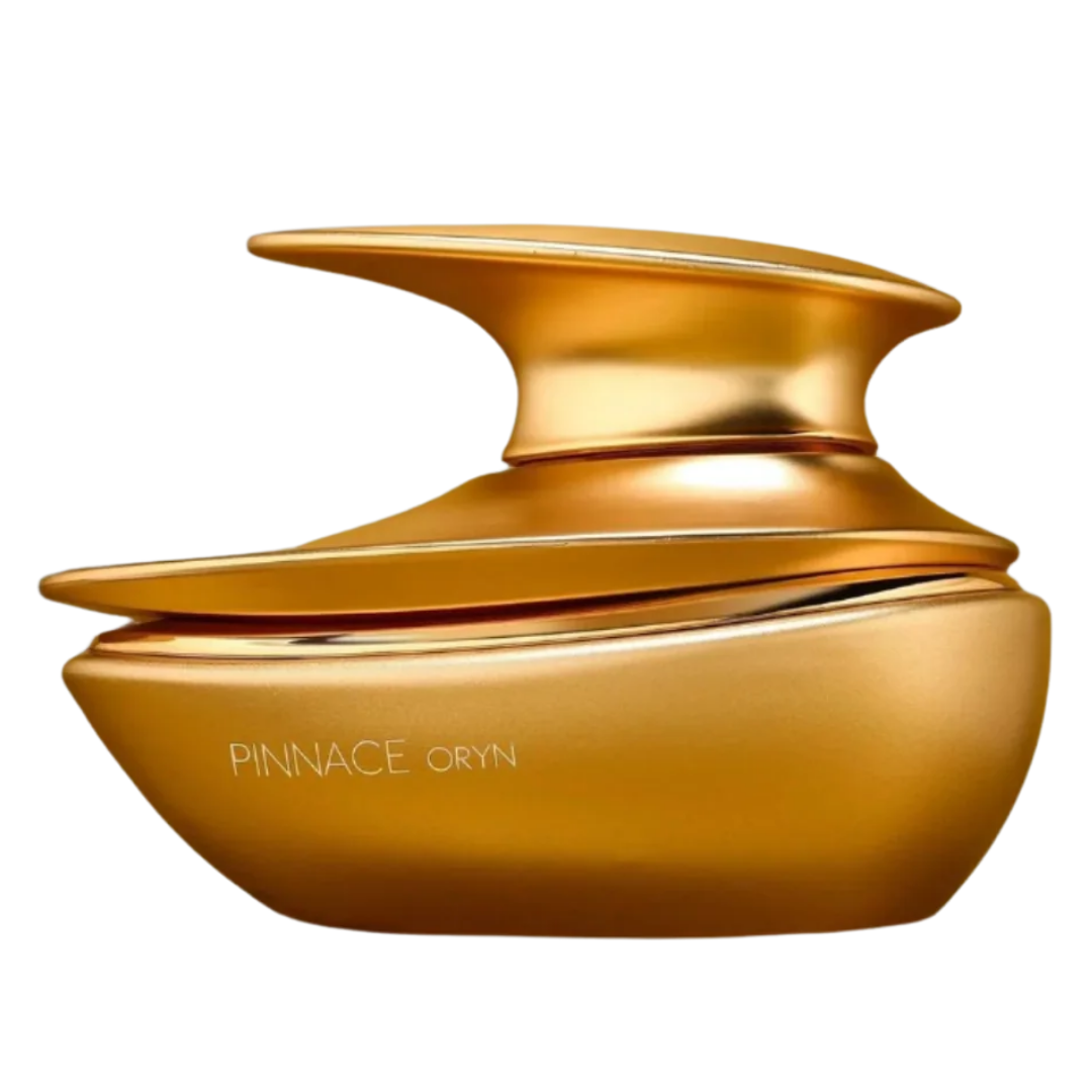 A golden bottle of Pinnace Oryn perfume with an elegant design, placed against a white background.