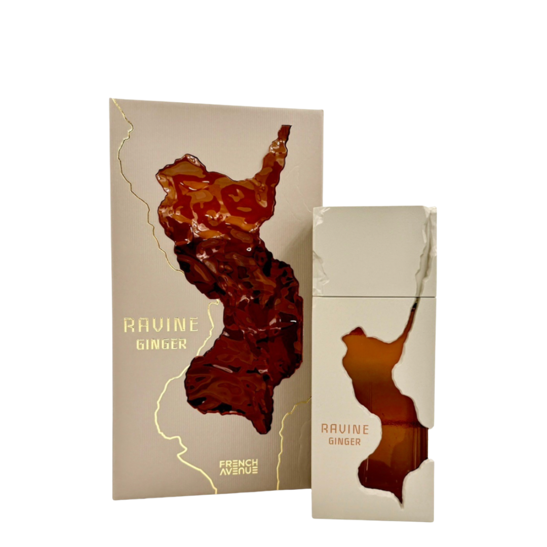 Ravine Ginger perfume bottle and packaging on a white background. French Avenue: Ravine Ginger