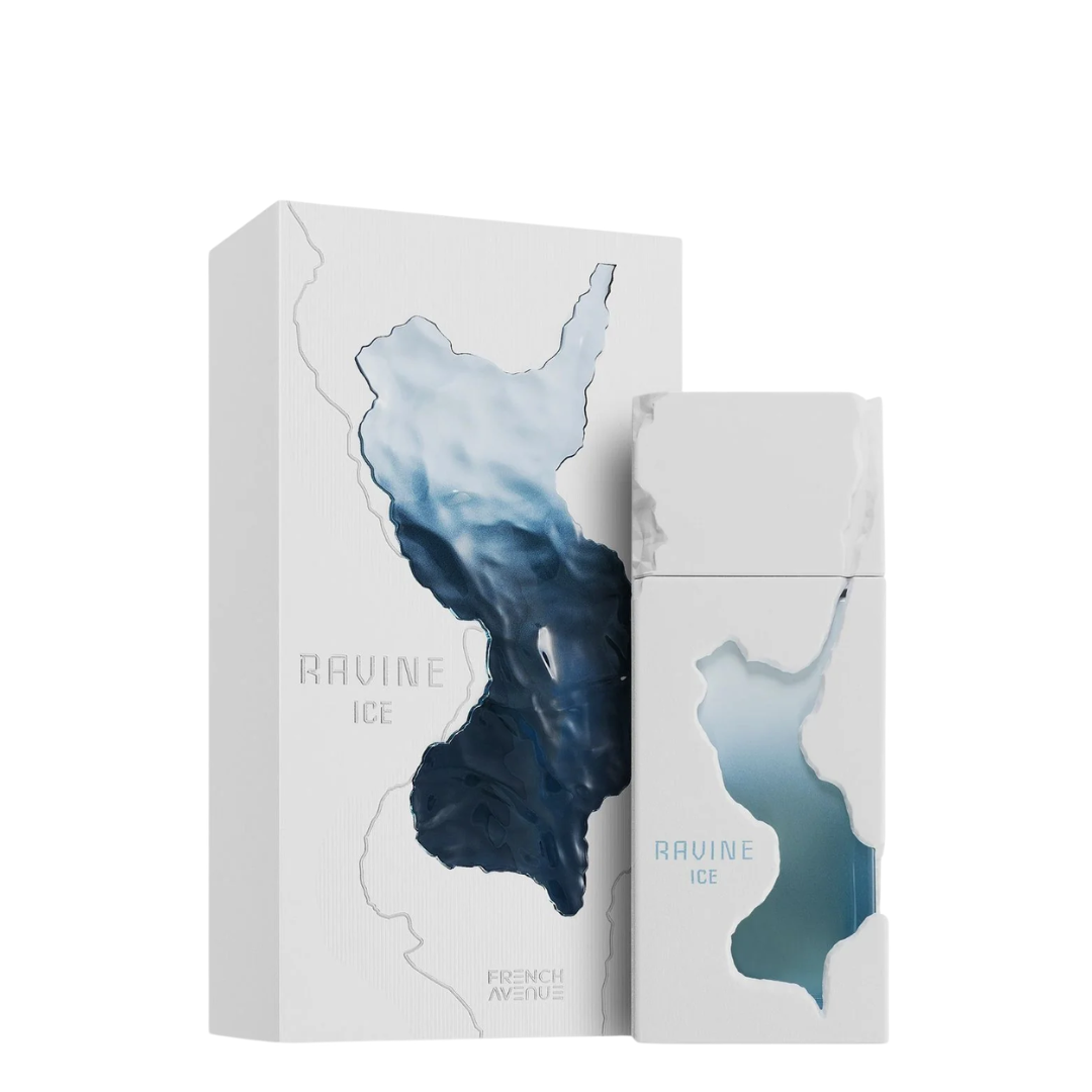 Ravine Ice perfume bottle and packaging on a white background. French Avenue: Ravine Ice