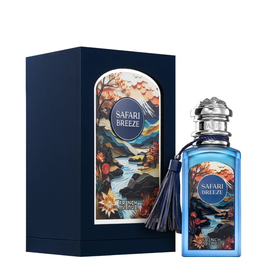Perfume bottle and packaging of 'Safari Breeze' by French Avenue on a white background