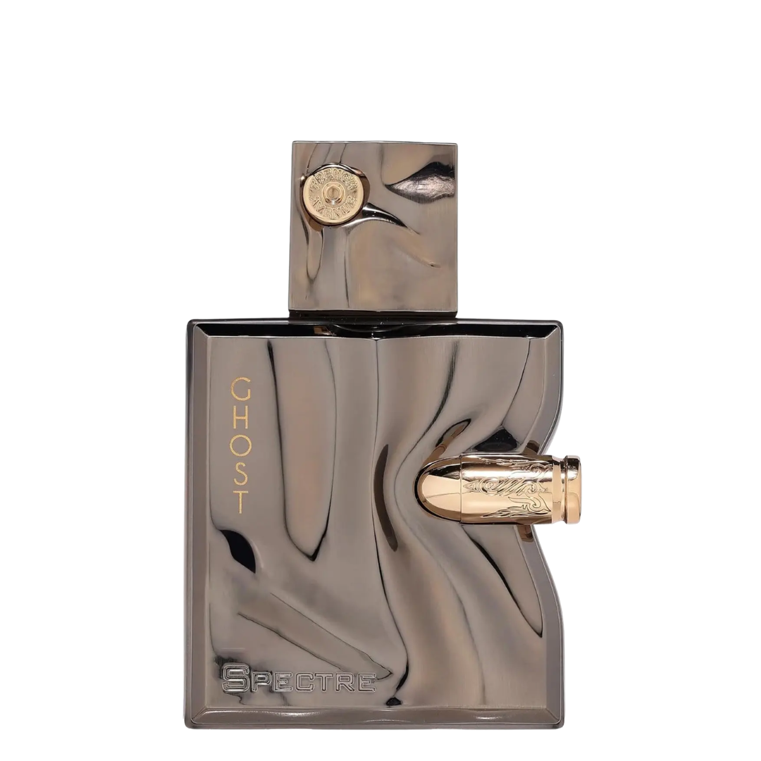 Spectre Ghost perfume bottle with gold accents on a white background. French Avenue: Spectre Ghost