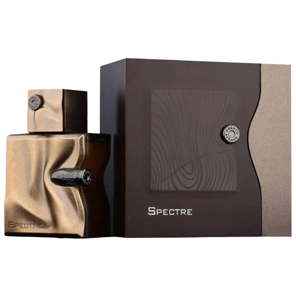 Spectre perfume bottle and packaging on a white background. French Avenue: Spectre