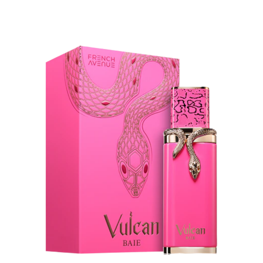 Pink perfume bottle and packaging with snake design on a white background