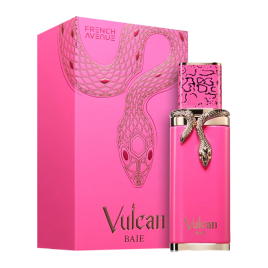 Pink perfume bottle and packaging with snake design on a white background