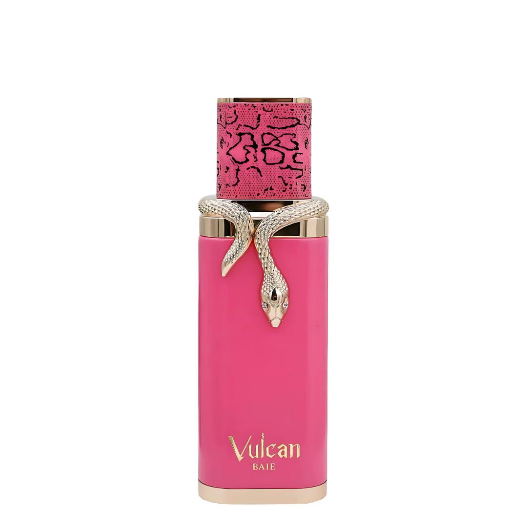 Pink perfume bottle with snake design and 'Vulcan' branding on a white background