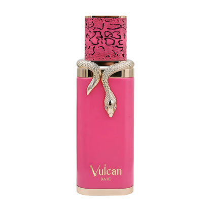 Pink perfume bottle with snake design and 'Vulcan' branding on a white background