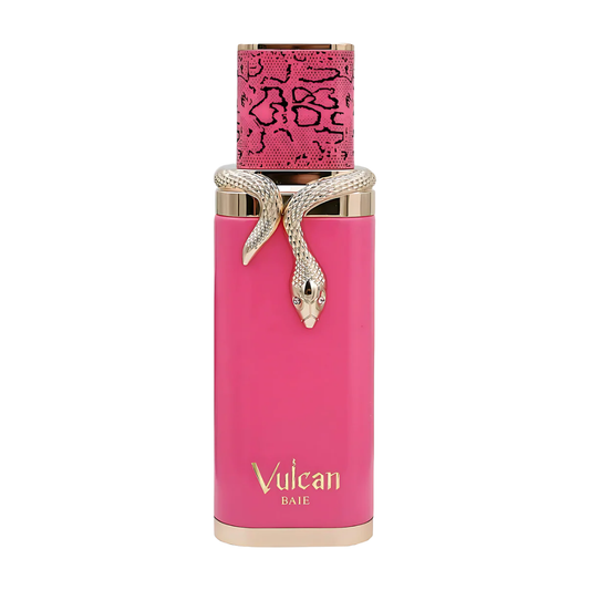 Pink perfume bottle with snake design and 'Vulcan' branding on a white background