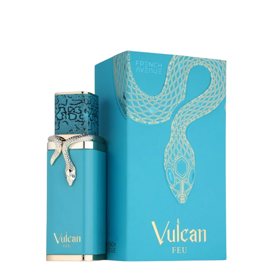 Vulcan Feu perfume bottle and packaging with snake design on a white background