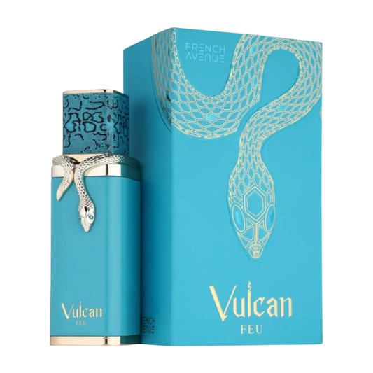 Vulcan Feu perfume bottle and packaging with snake design on a white background