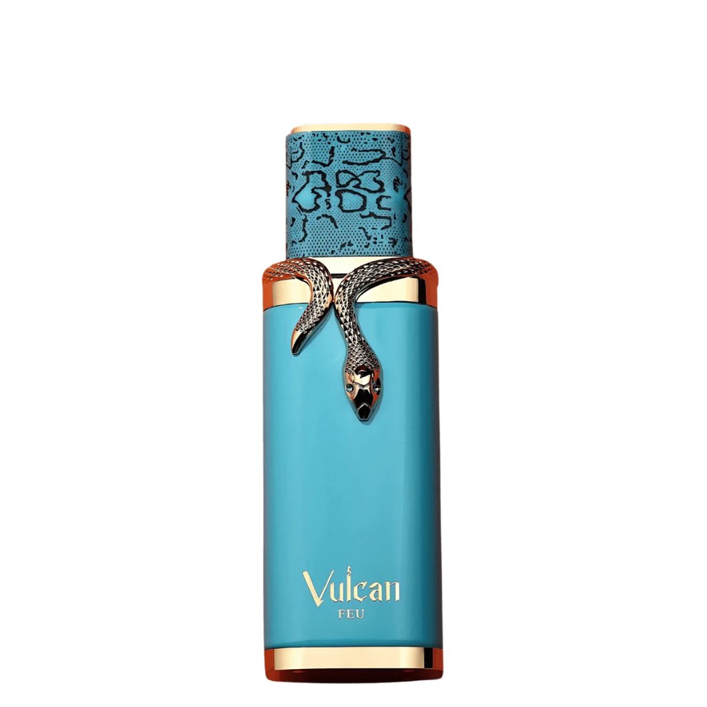 Blue perfume bottle with gold accents and 'Vulcan' branding on a white background