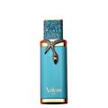 Blue perfume bottle with gold accents and 'Vulcan' branding on a white background