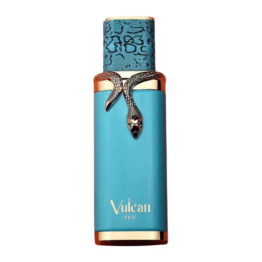 Blue perfume bottle with gold accents and 'Vulcan' branding on a white background