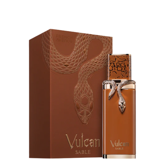 Vulcan Sable perfume bottle and packaging with snake design on a white background