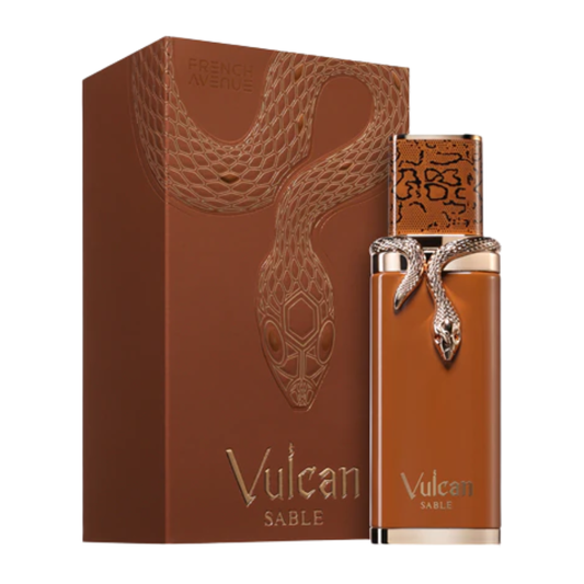 Vulcan Sable perfume bottle and packaging with snake design on a white background