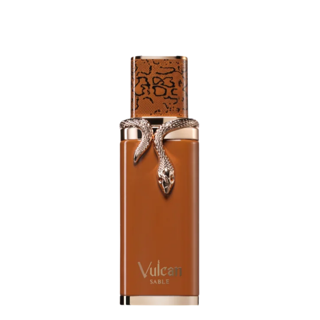 Brown perfume bottle with snake design on a white background