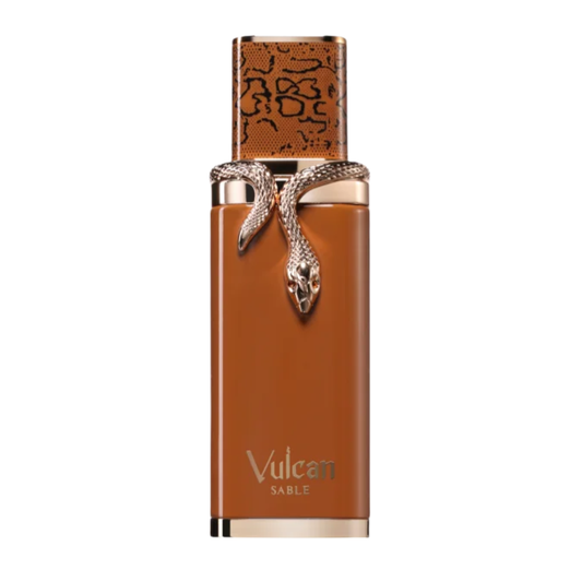 Brown perfume bottle with snake design on a white background
