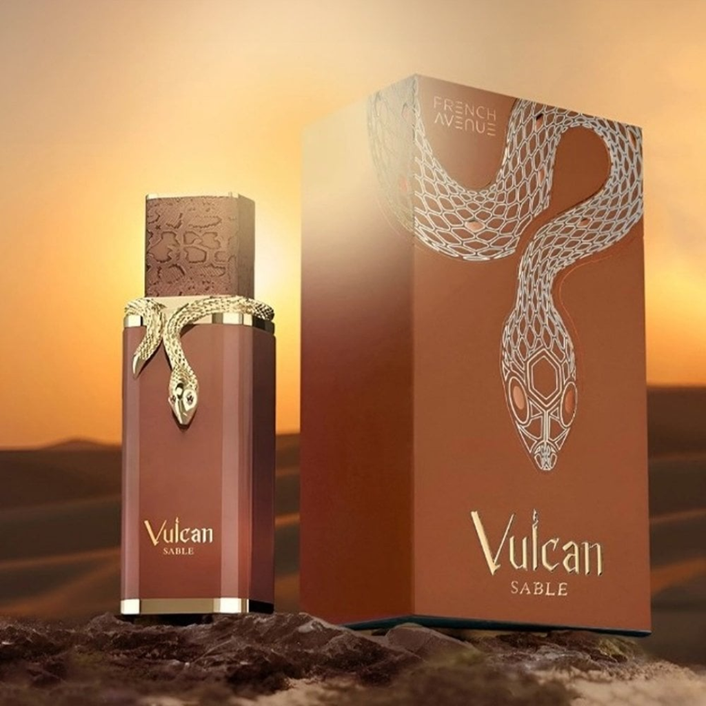 Vulcan Sable perfume bottle and packaging with desert background