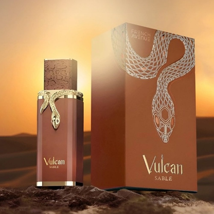 Vulcan Sable perfume bottle and packaging with desert background
