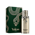 Vulcan Vox perfume bottle and its matching box, both decorated with a metallic gold snake design on a dark green background. The bottle is metallic gold with a silver snake collar and a green gemstone accent.