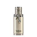 Vulcan Vox perfume bottle with a metallic gold body, a silver snake detail around the neck, and a patterned silver cap, shown on a white background.
