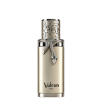 Vulcan Vox perfume bottle with a metallic gold body, a silver snake detail around the neck, and a patterned silver cap, shown on a white background.
