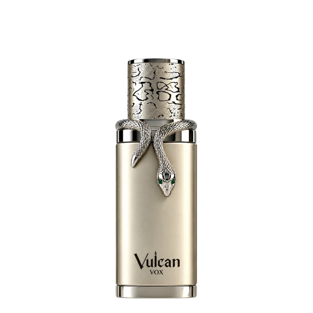 Vulcan Vox perfume bottle with a metallic gold body, a silver snake detail around the neck, and a patterned silver cap, shown on a white background.