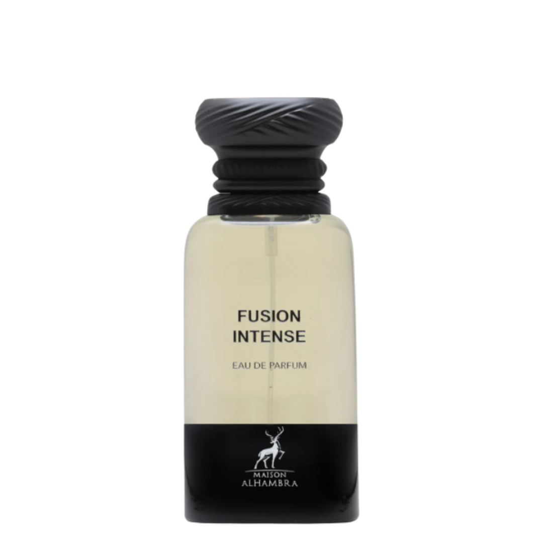Perfume bottle labeled 'Fusion Intense' by Maison Alhambra on a white background