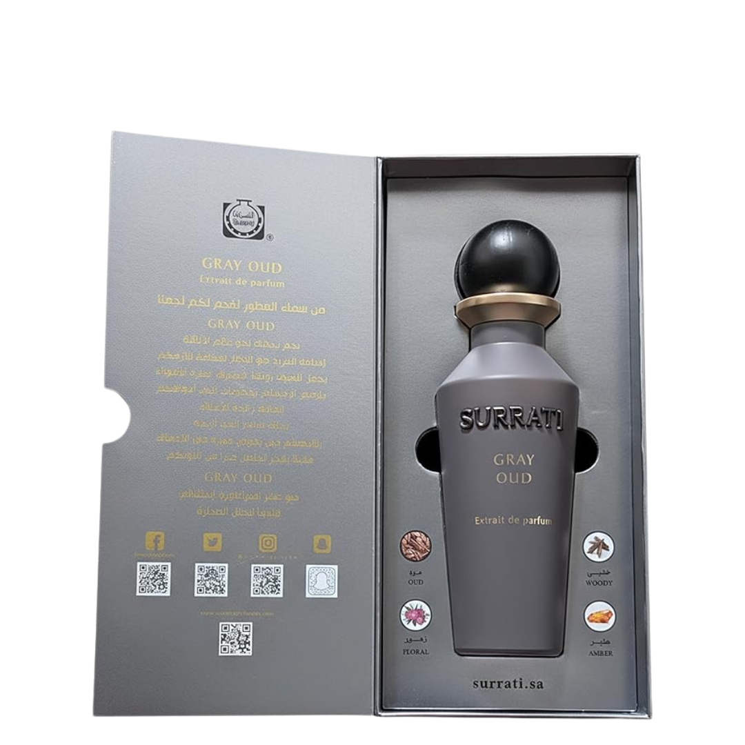 Surrati Gray Oud perfume bottle in packaging on a white background