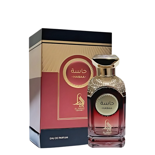 Hasaa perfume bottle and packaging on a white background