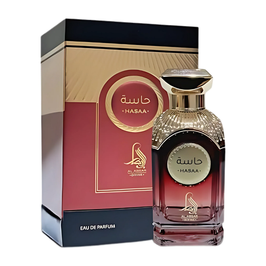 Hasaa perfume bottle and packaging on a white background