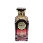 Perfume bottle with gold cap and red base on a white background