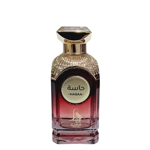 Perfume bottle with gold cap and red base on a white background