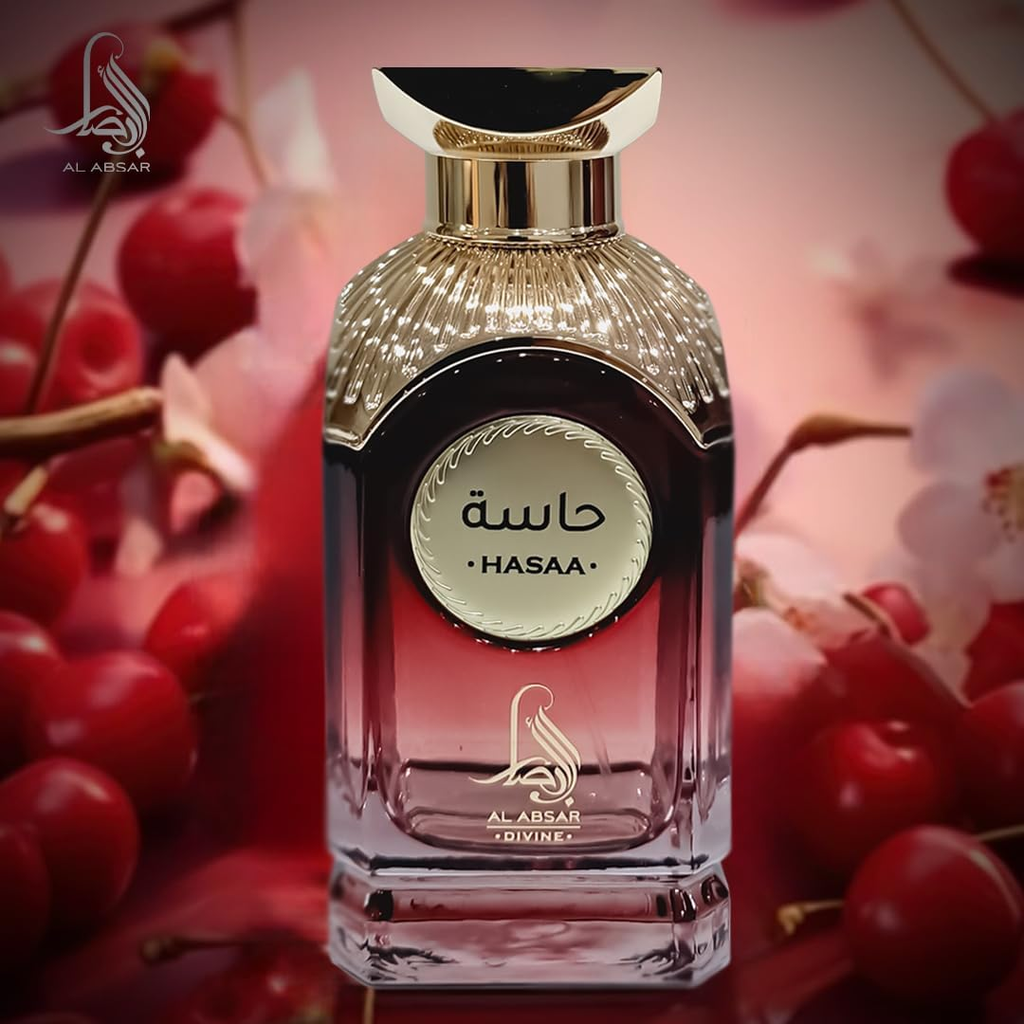 Perfume bottle with 'HASAA' branding on a background of red berries and flowers.