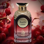Perfume bottle with 'HASAA' branding on a background of red berries and flowers.