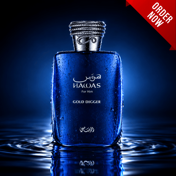 A blue rectangular perfume bottle labeled 'HAWAS For Him GOLD DIGGER' with water droplets, set against a dark blue background with water ripples and a red 'ORDER NOW' banner in the top right corner.