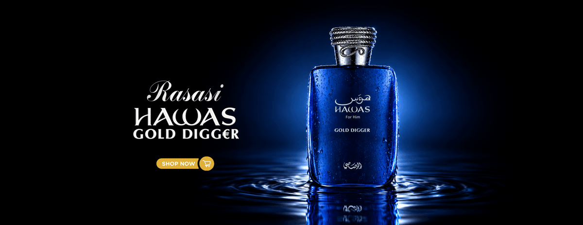 Rasasi Hawas Gold Digger perfume promo banner
