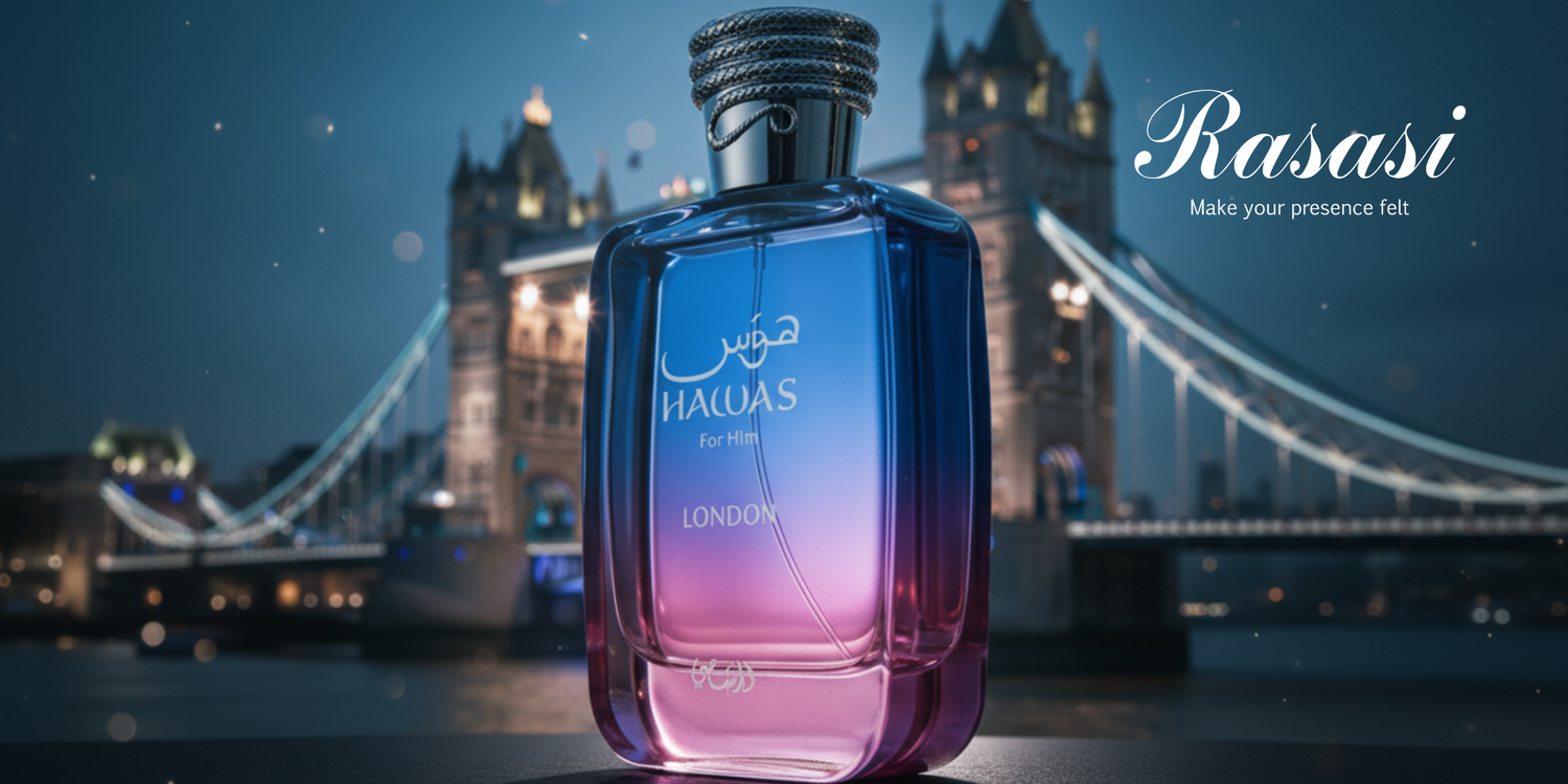 Rasasi Haqas perfume bottle with London Bridge in the background
