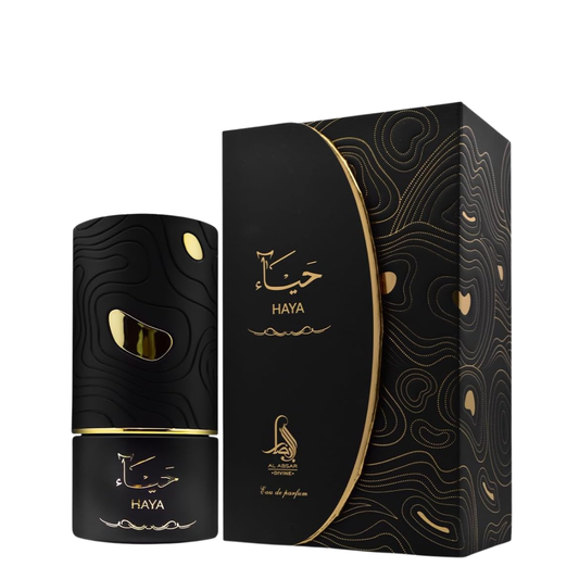 Black HAYA perfume bottle and packaging on a white background